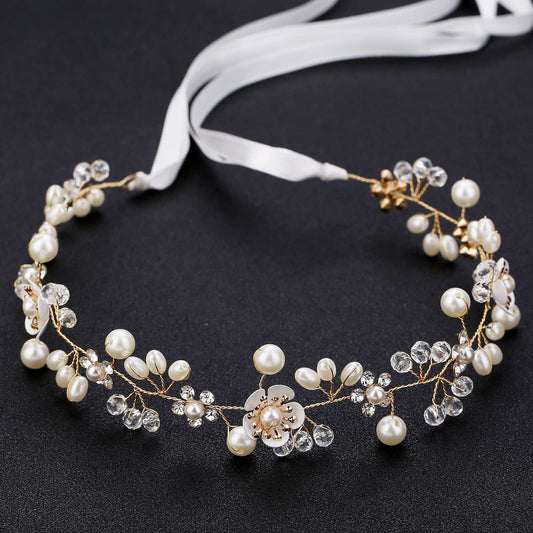 Bridal Pearl Flower Headband - Elegant Gold Hairpiece for Women & Girls