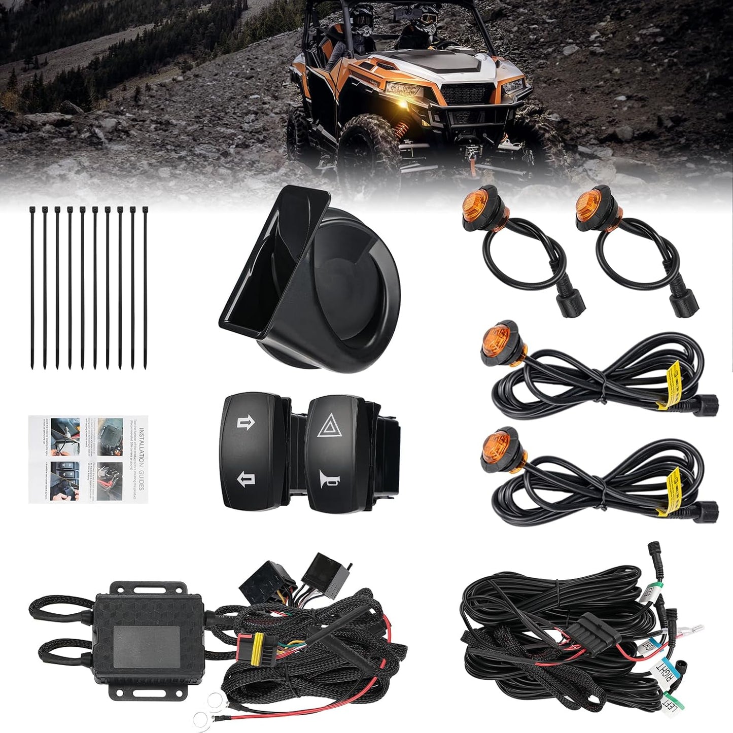 UTV Turn Signal Kit with Horn – Pre-Wired Plug & Play Street Legal Blinker Kit with Rocker Switch & Hazard Light, Universal for Polaris, Can-Am, Kawasaki