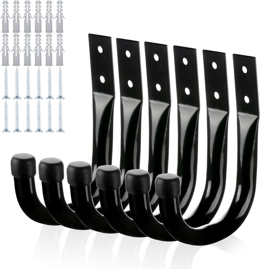 6 PCS Heavy Duty Garage Hooks – Large Metal Wall Mount J Hooks for Tools, Cords, Cables & More (Black)