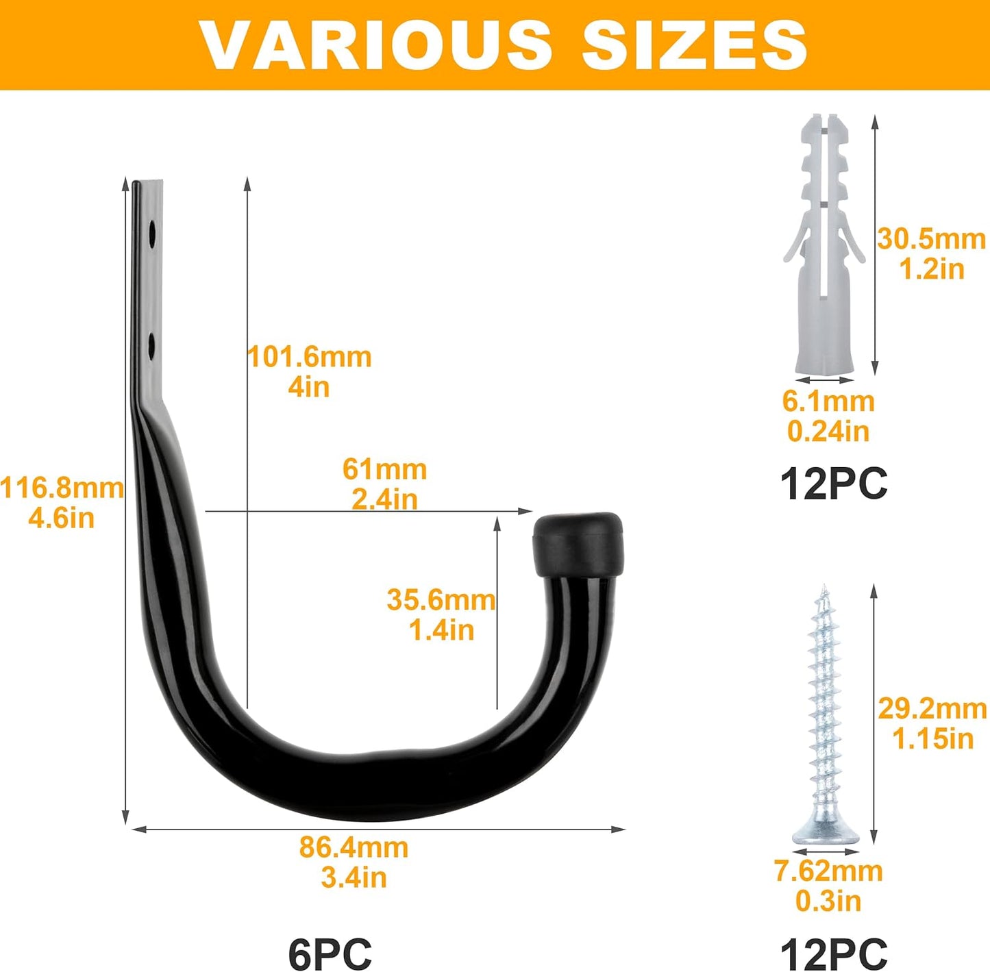 6 PCS Heavy Duty Garage Hooks – Large Metal Wall Mount J Hooks for Tools, Cords, Cables & More (Black)
