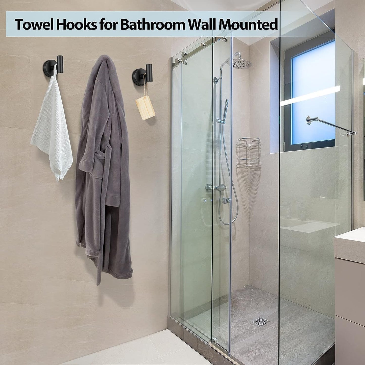 2 Pack Black Matte Towel Hooks – Wall Mount, Heavy Duty Stainless Steel