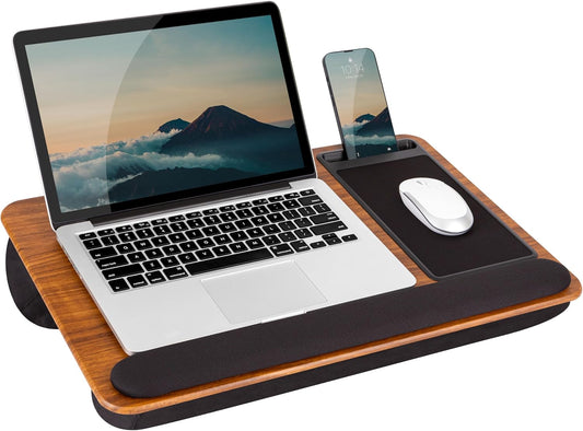 Home Office Pro Lap Desk - Wrist Rest, Mouse Pad & Phone Holder - Fits 15.6” Laptops (Espresso Woodgrain)