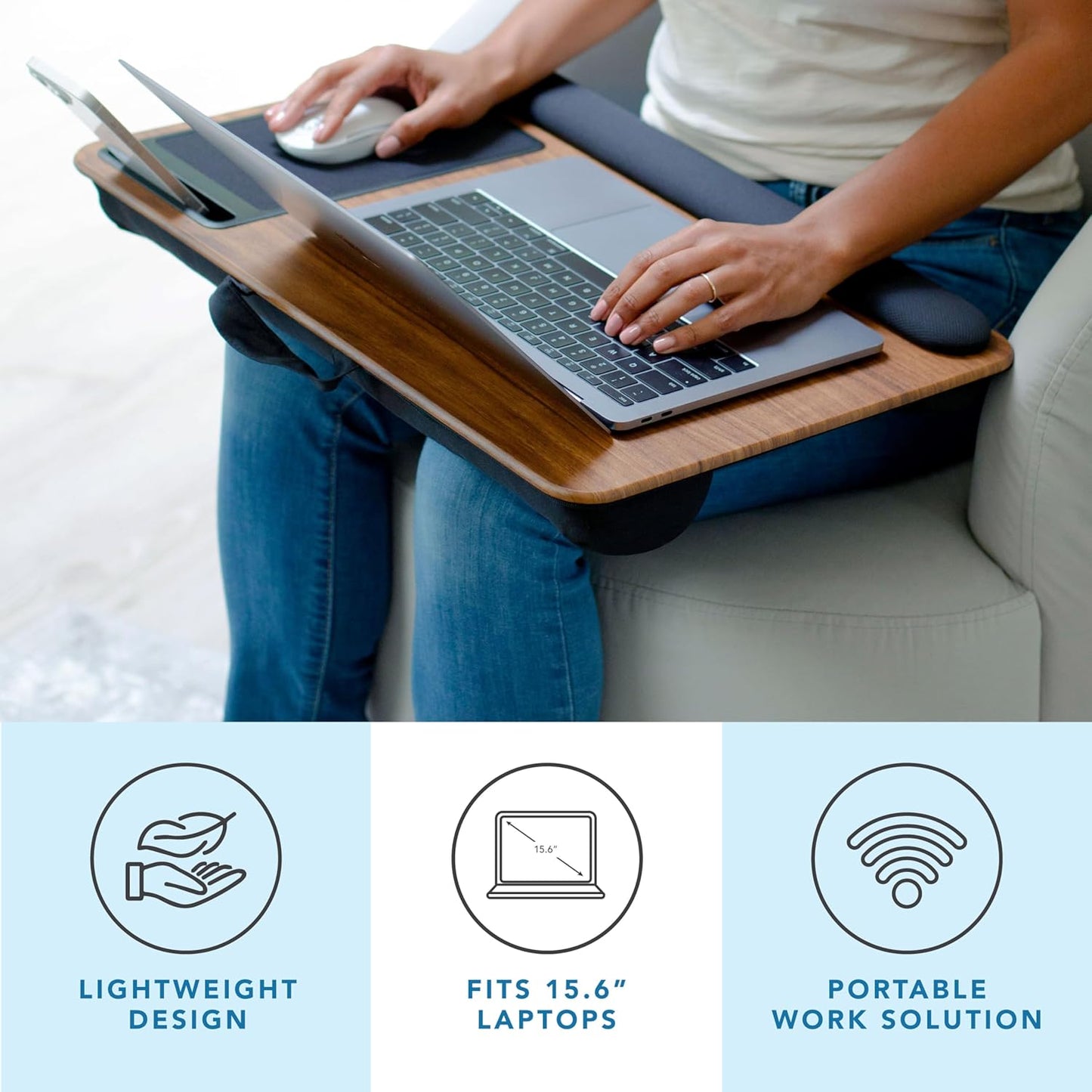 Home Office Pro Lap Desk - Wrist Rest, Mouse Pad & Phone Holder - Fits 15.6” Laptops (Espresso Woodgrain)