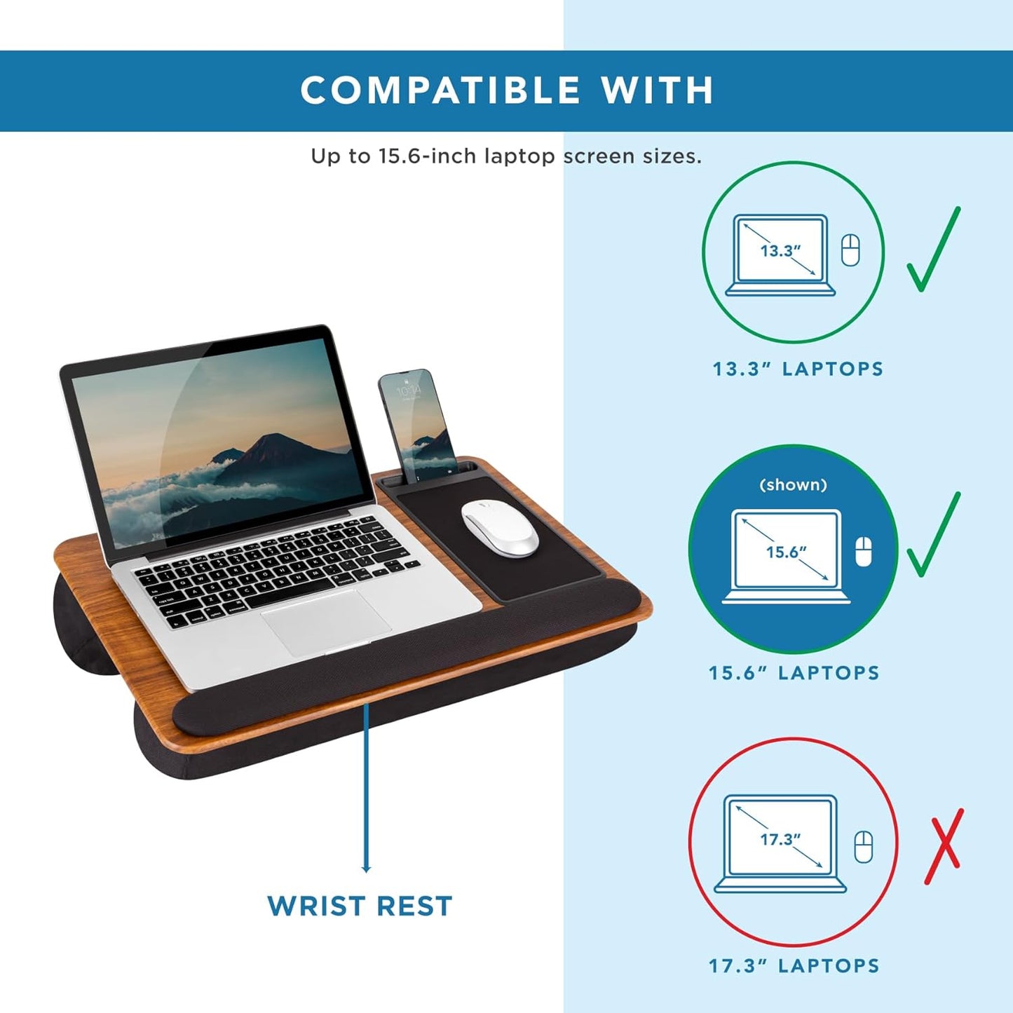 Home Office Pro Lap Desk - Wrist Rest, Mouse Pad & Phone Holder - Fits 15.6” Laptops (Espresso Woodgrain)