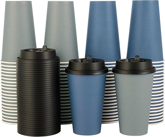100 Pack 16 oz Disposable Paper Coffee Cups with Lids for Hot Drinks