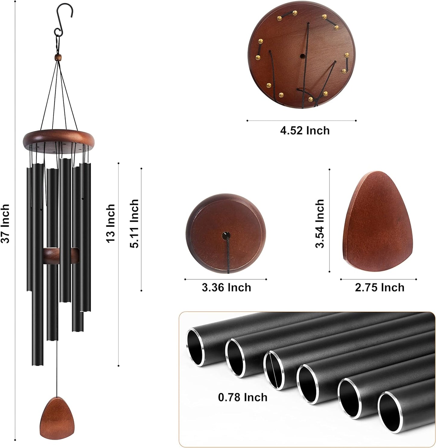 37" Large Aluminum Wind Chimes – Black, Outdoor Garden & Patio Decoration