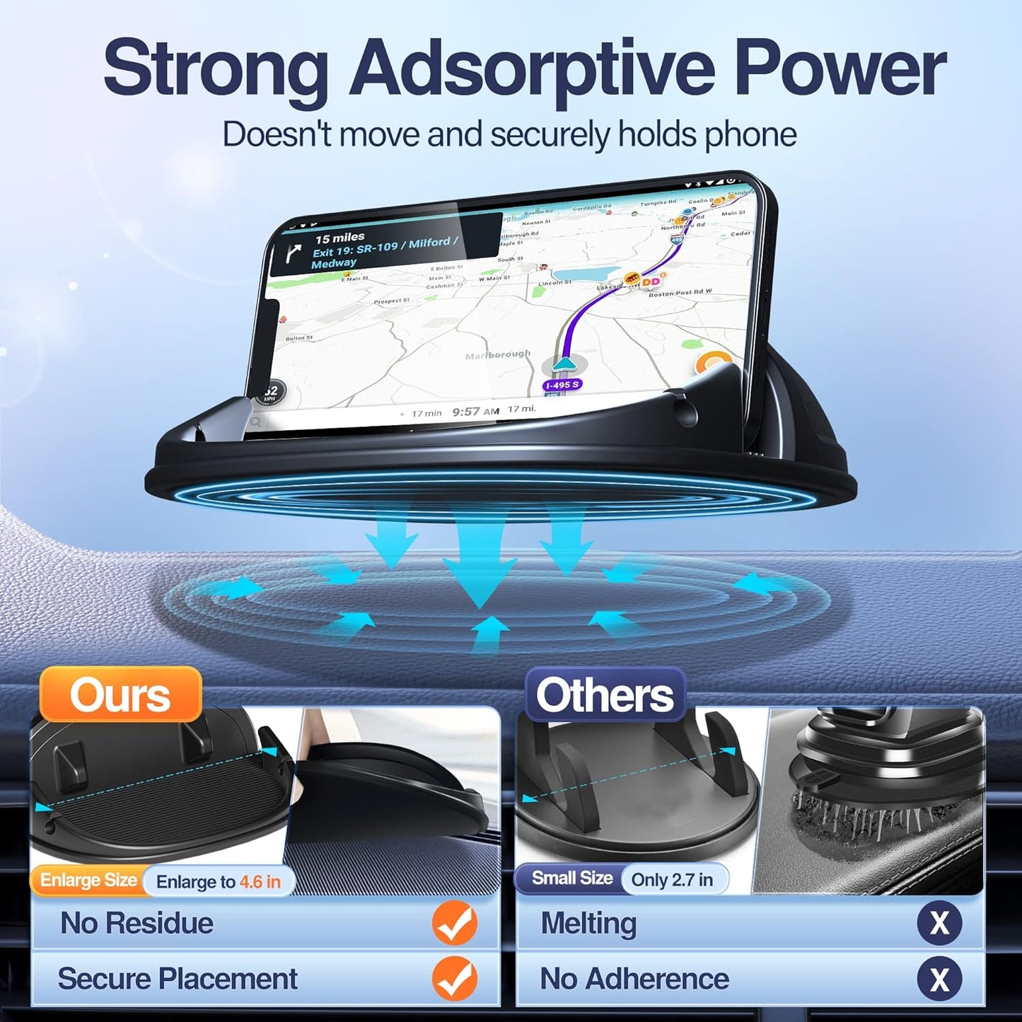 Silicone Car Phone Holder - Slip-Free Dashboard Mount for iPhone, Samsung & GPS Devices (Black)