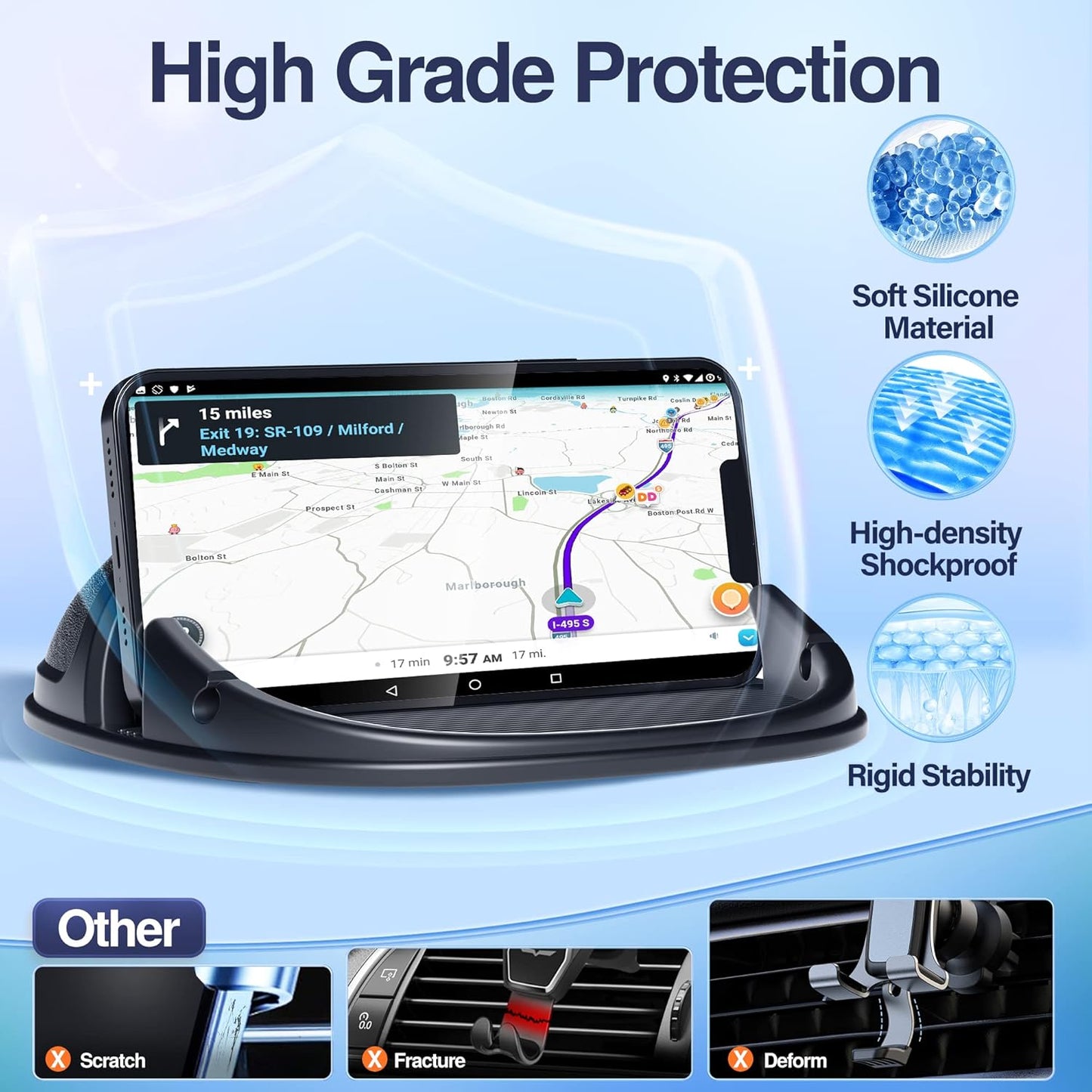 Silicone Car Phone Holder - Slip-Free Dashboard Mount for iPhone, Samsung & GPS Devices (Black)