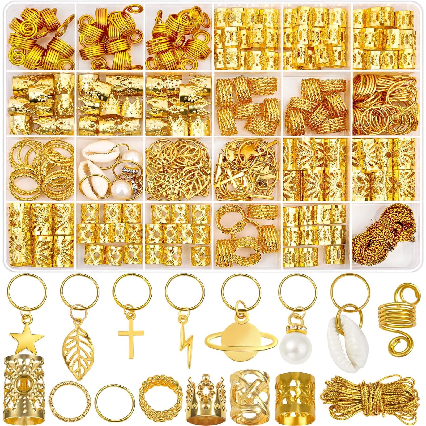 259PCS Hair Jewelry Set – Gold Dreadlock & Braid Accessories, Rings, Cuffs & Clips for Women