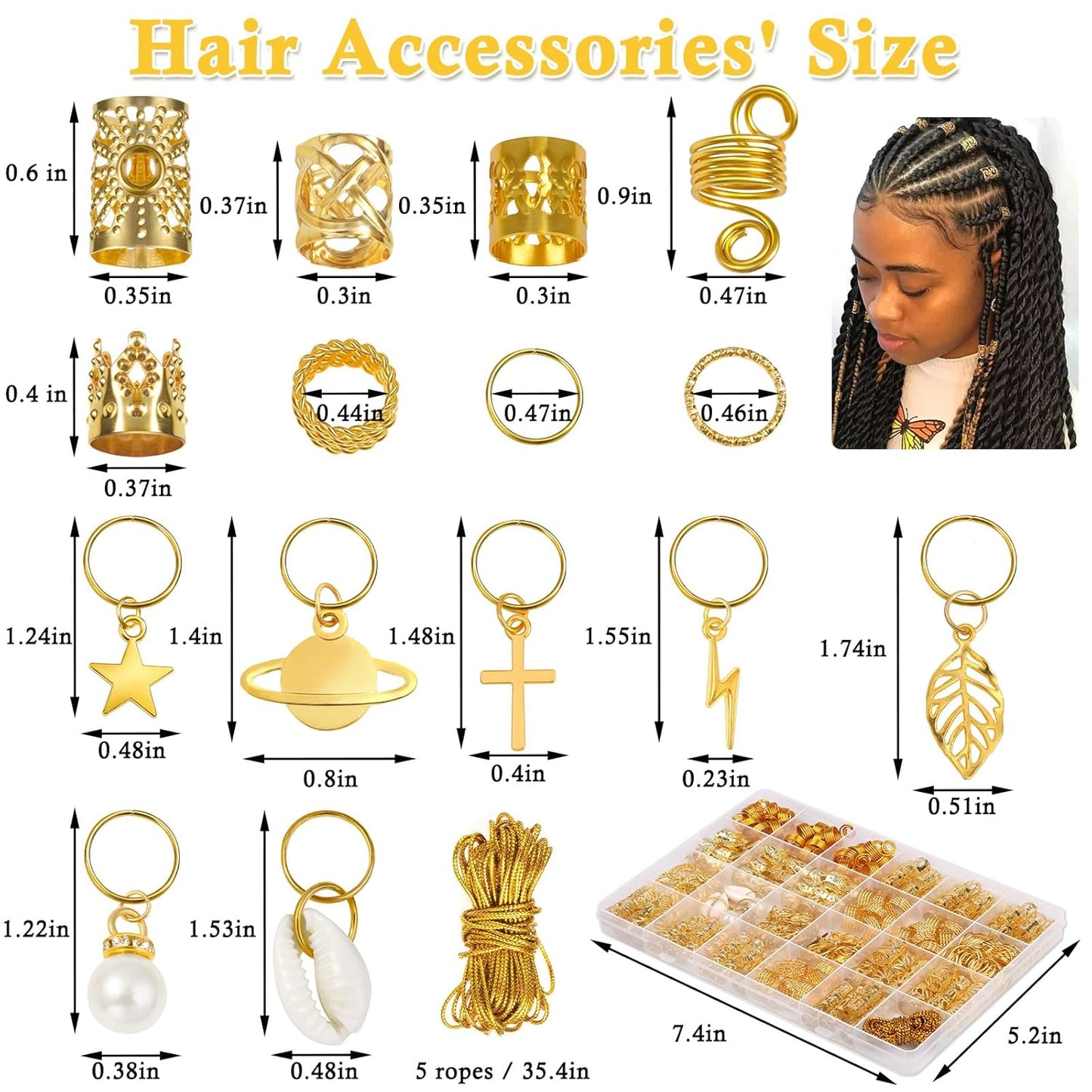 259PCS Hair Jewelry Set – Gold Dreadlock & Braid Accessories, Rings, Cuffs & Clips for Women