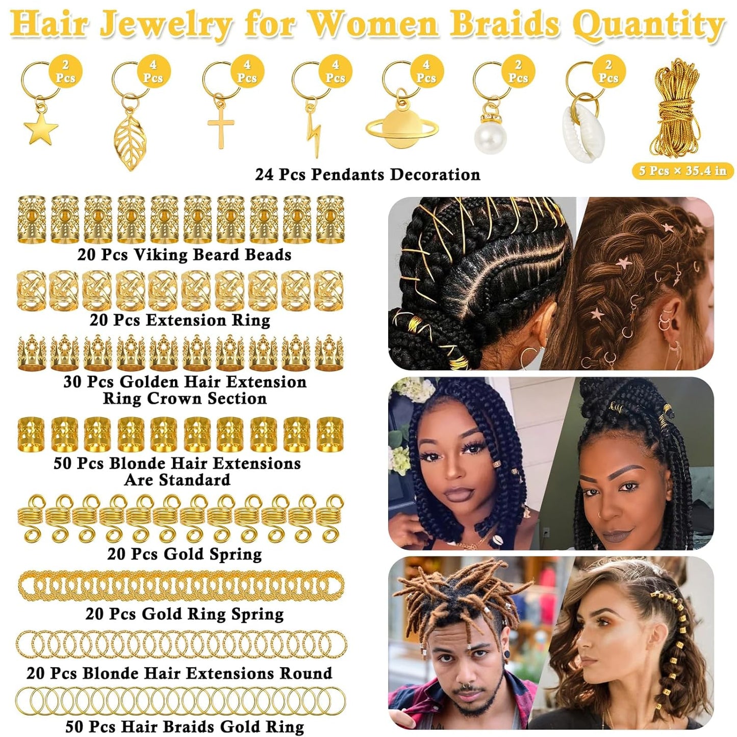 259PCS Hair Jewelry Set – Gold Dreadlock & Braid Accessories, Rings, Cuffs & Clips for Women