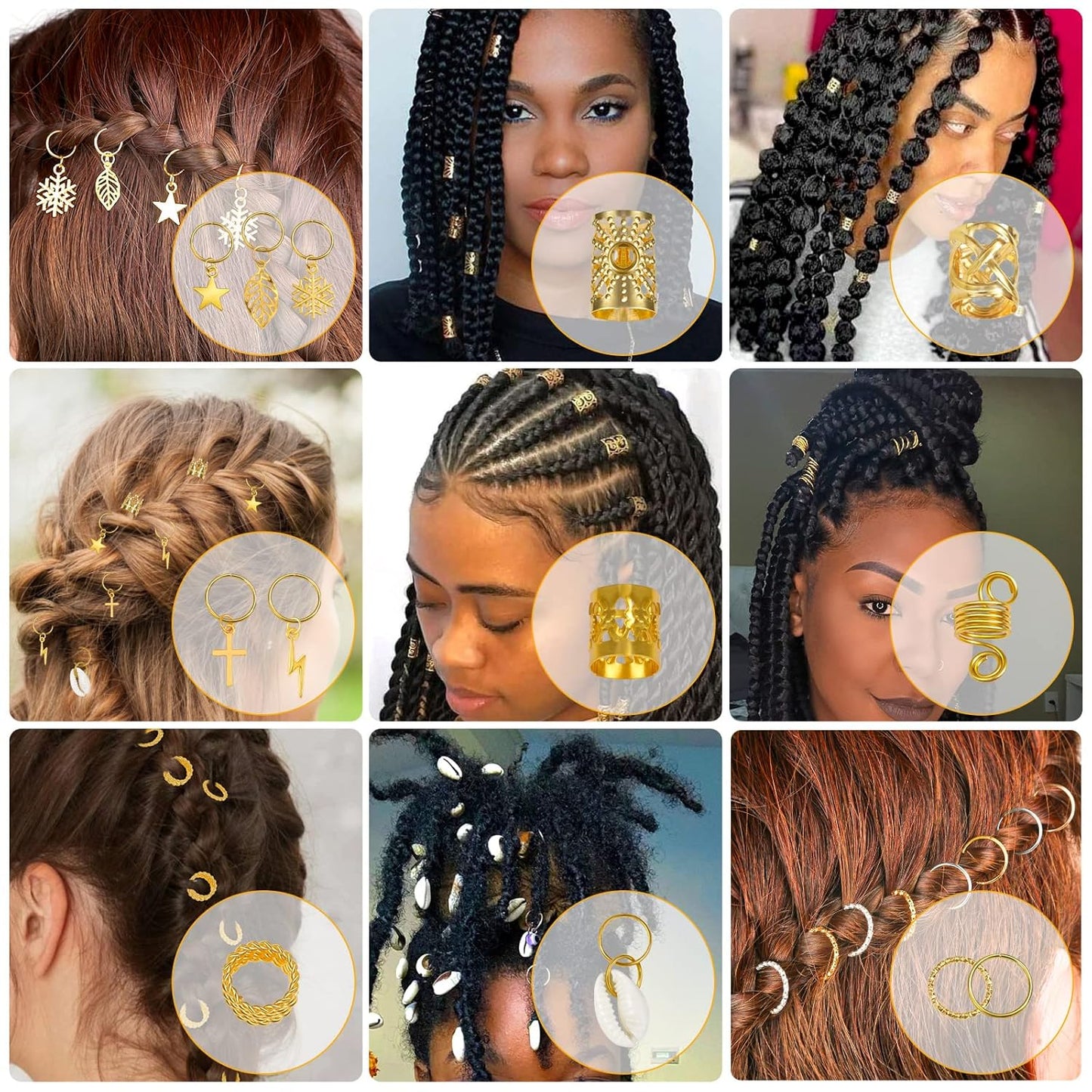 259PCS Hair Jewelry Set – Gold Dreadlock & Braid Accessories, Rings, Cuffs & Clips for Women