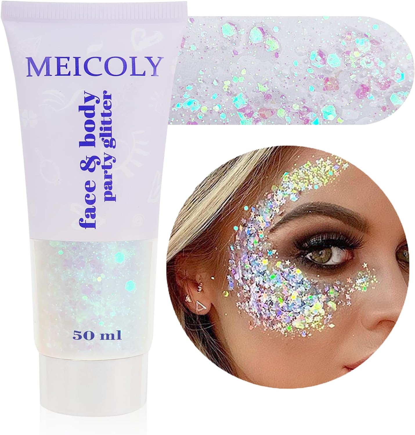 50ml Clear White Body & Face Glitter Gel - Chunky Sparkling Rave & Festival Accessory, Mermaid Sequins for Hair, Halloween