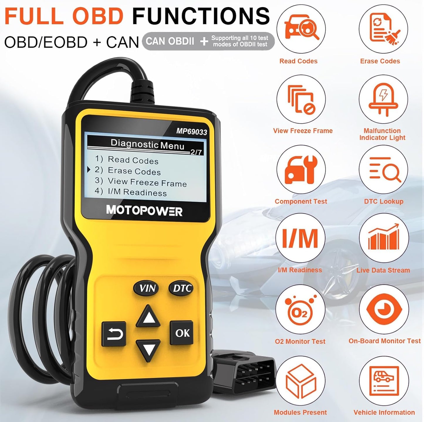 Yellow OBD2 Scanner Code Reader - Engine Fault Diagnostic Tool for OBD II Cars