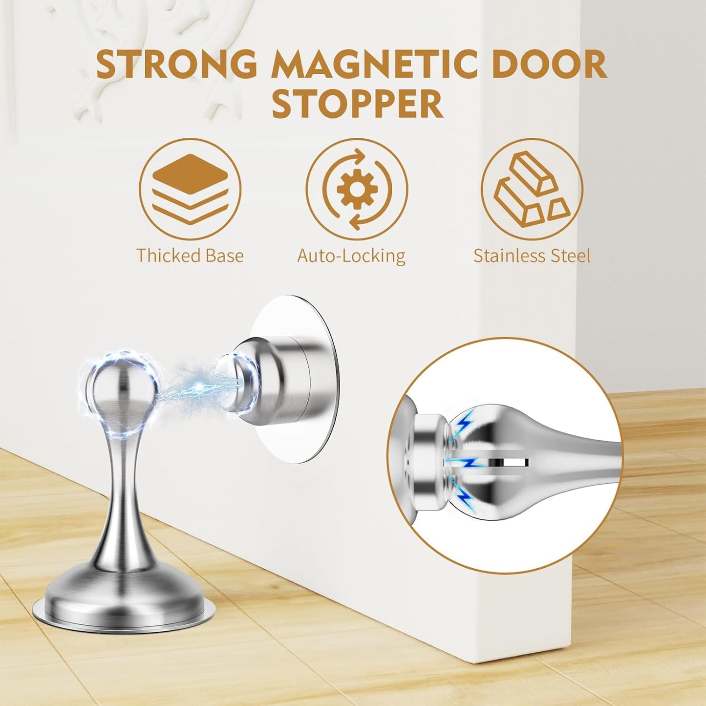 Magnetic Door Stopper - 2 Pack Heavy Duty Stainless Steel Holder with No-Drill 3M Adhesive