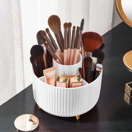 360° Rotating Makeup Brush Organizer - 5 Slot Holder for Brushes, Cosmetics & Nail Polish - White
