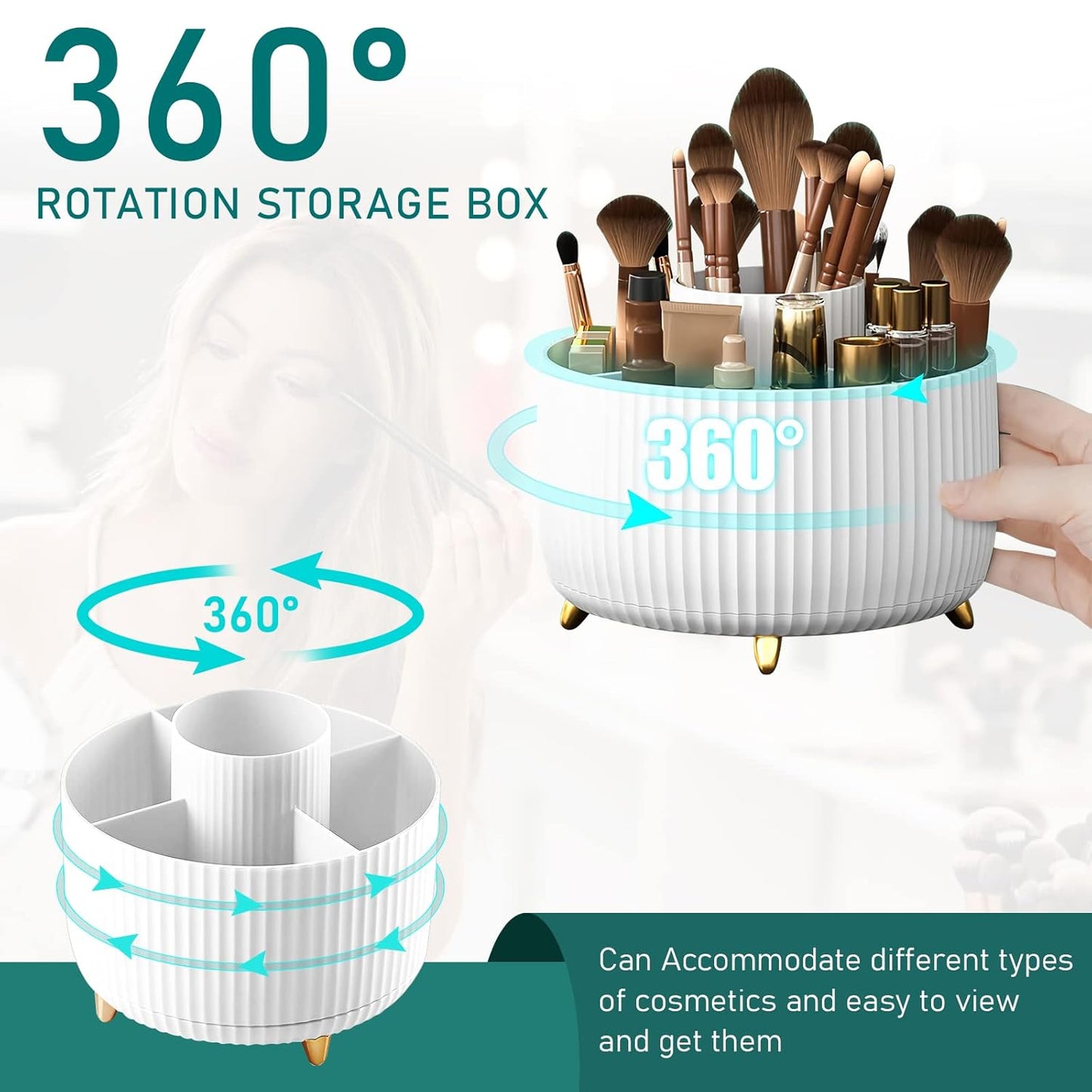 360° Rotating Makeup Brush Organizer - 5 Slot Holder for Brushes, Cosmetics & Nail Polish - White