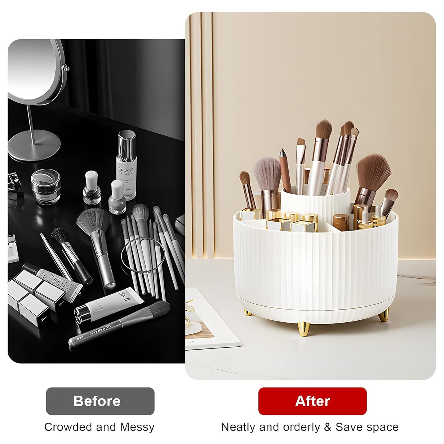 360° Rotating Makeup Brush Organizer - 5 Slot Holder for Brushes, Cosmetics & Nail Polish - White
