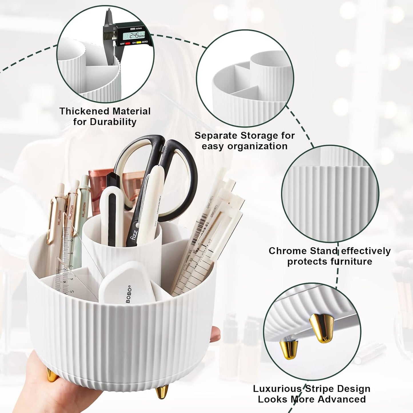 360° Rotating Makeup Brush Organizer - 5 Slot Holder for Brushes, Cosmetics & Nail Polish - White
