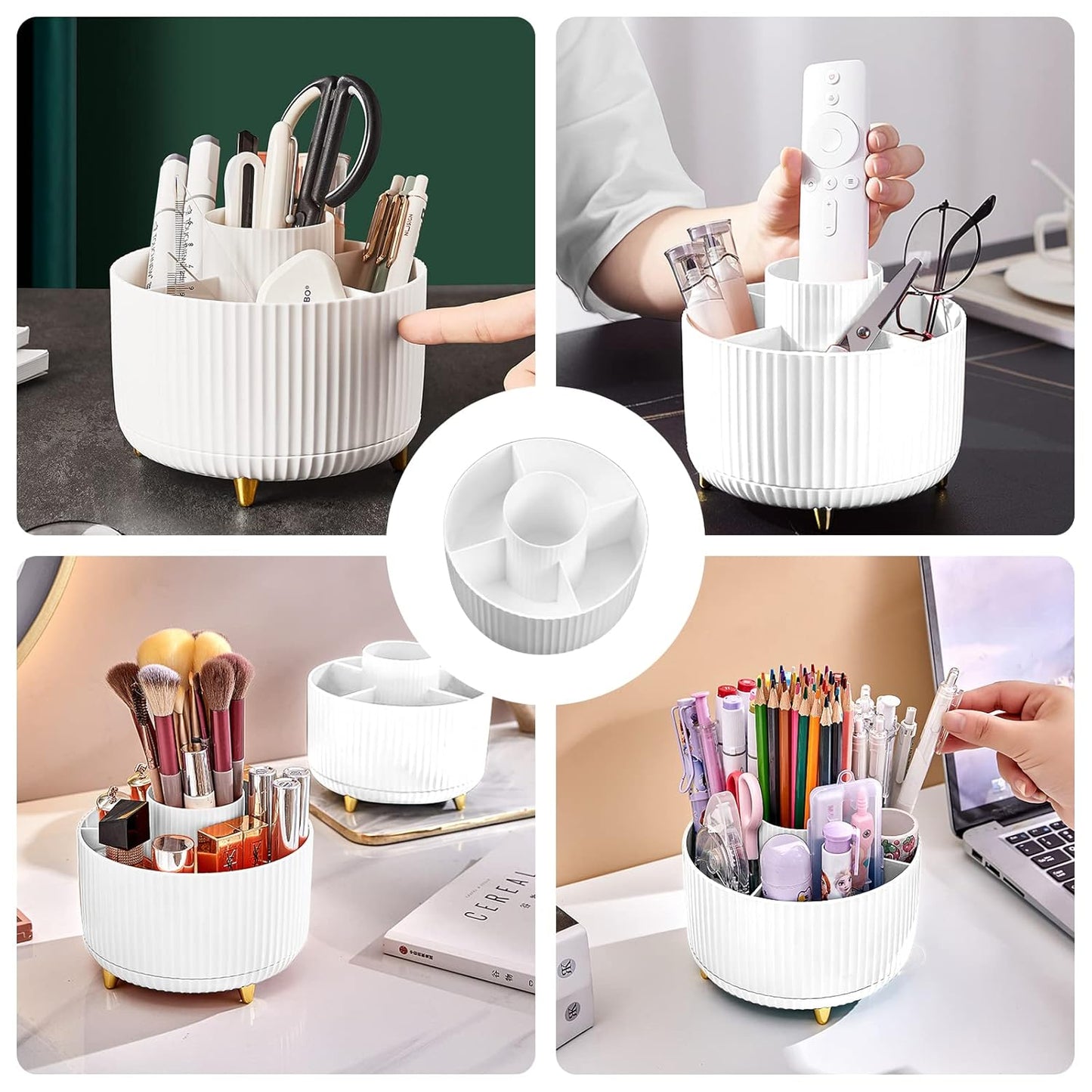 360° Rotating Makeup Brush Organizer - 5 Slot Holder for Brushes, Cosmetics & Nail Polish - White