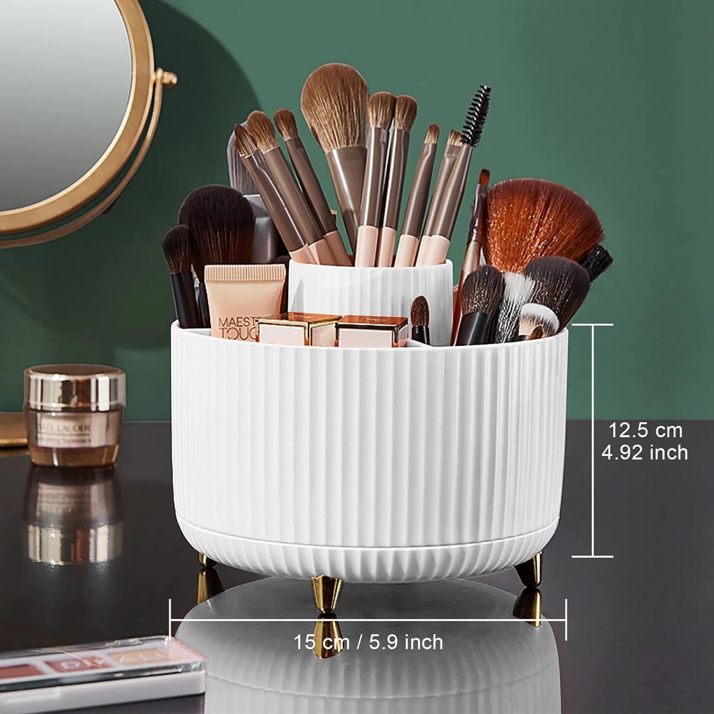360° Rotating Makeup Brush Organizer - 5 Slot Holder for Brushes, Cosmetics & Nail Polish - White