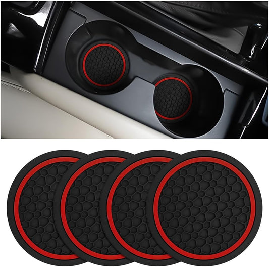 4PCS Car Cup Holder Coasters – 2.75” Non-Slip Auto Mats for Cars, Trucks, RVs (Black/Red)