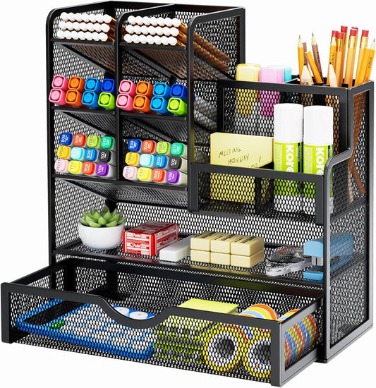 Mesh Pen Holder with Drawer - Multi-Functional Desk Organizer for Office & Art Supplies (Black)