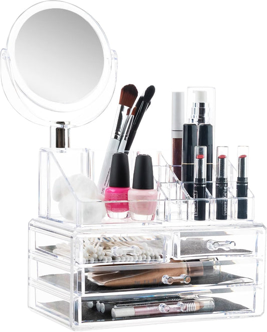 Clear Makeup Organizer with Mirror – 16-Compartment Cosmetic & Jewelry Holder with 4-Drawer Vanity