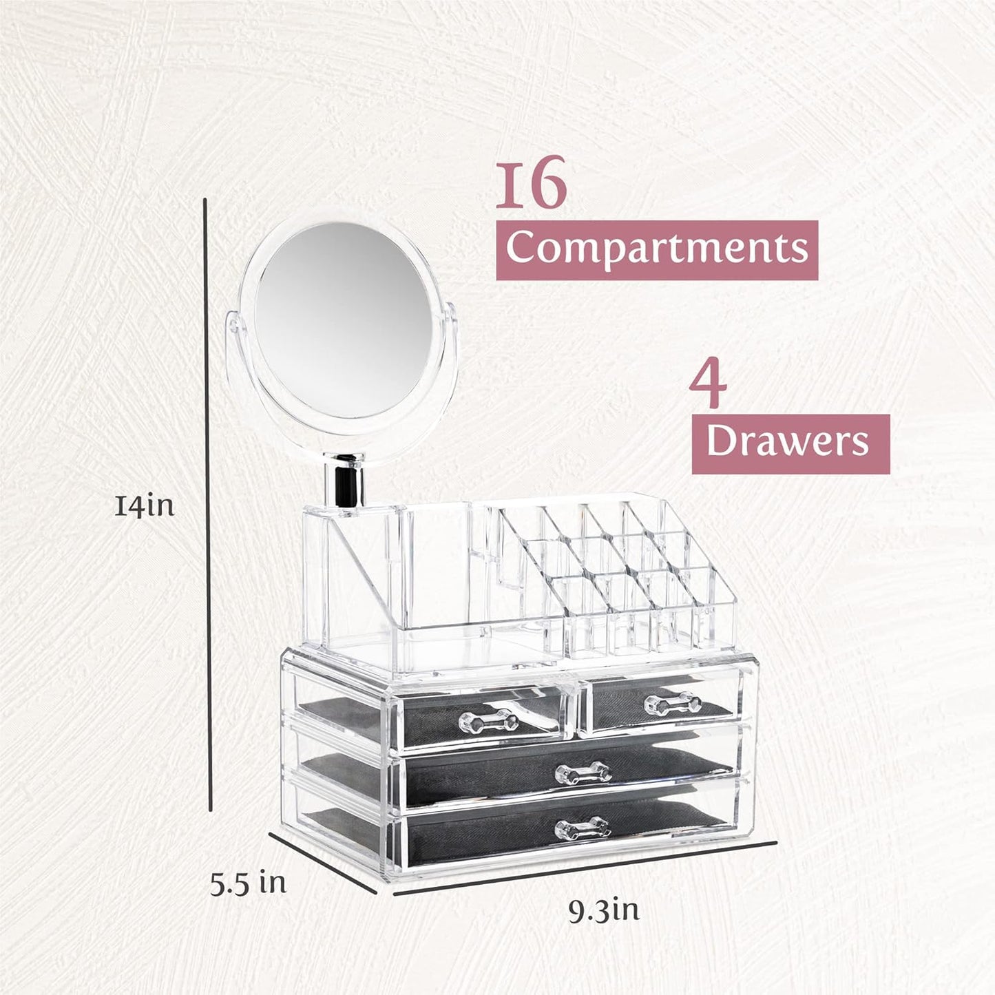 Clear Makeup Organizer with Mirror – 16-Compartment Cosmetic & Jewelry Holder with 4-Drawer Vanity