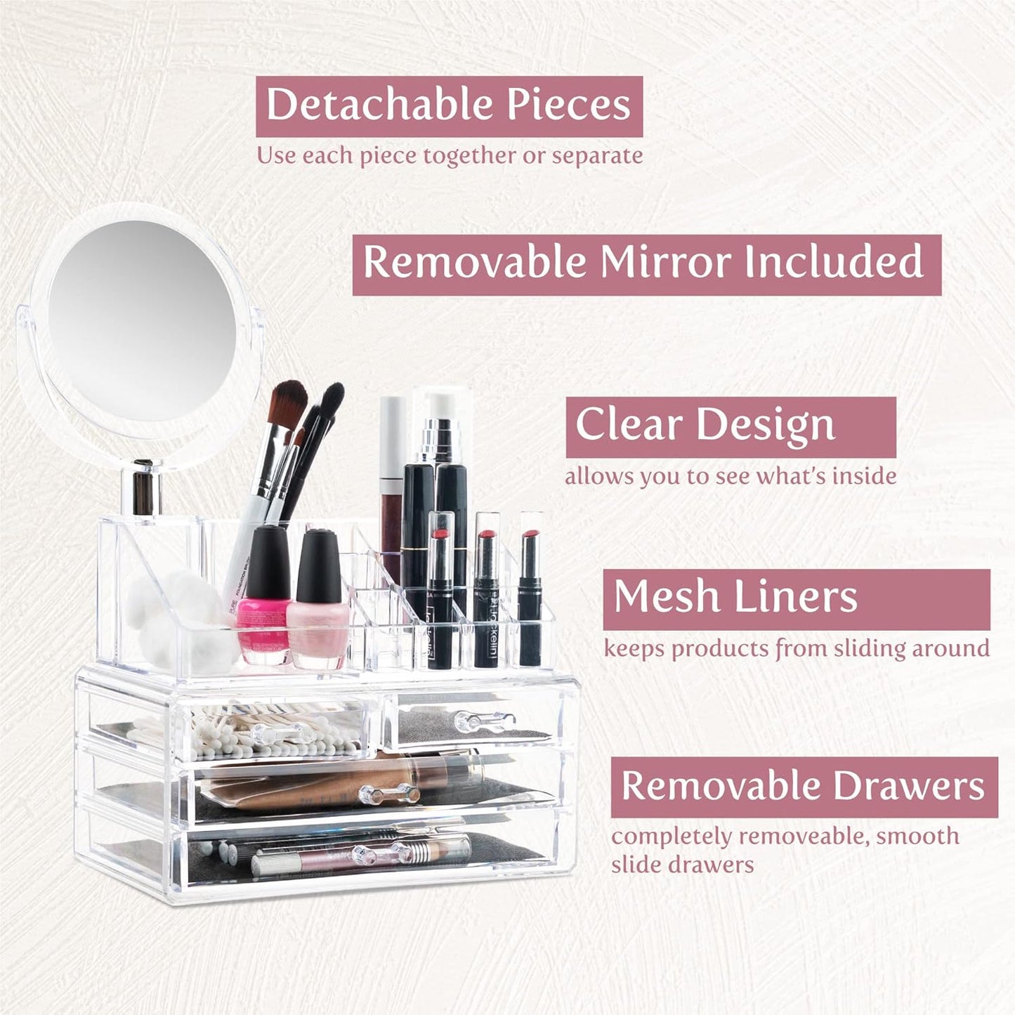 Clear Makeup Organizer with Mirror – 16-Compartment Cosmetic & Jewelry Holder with 4-Drawer Vanity