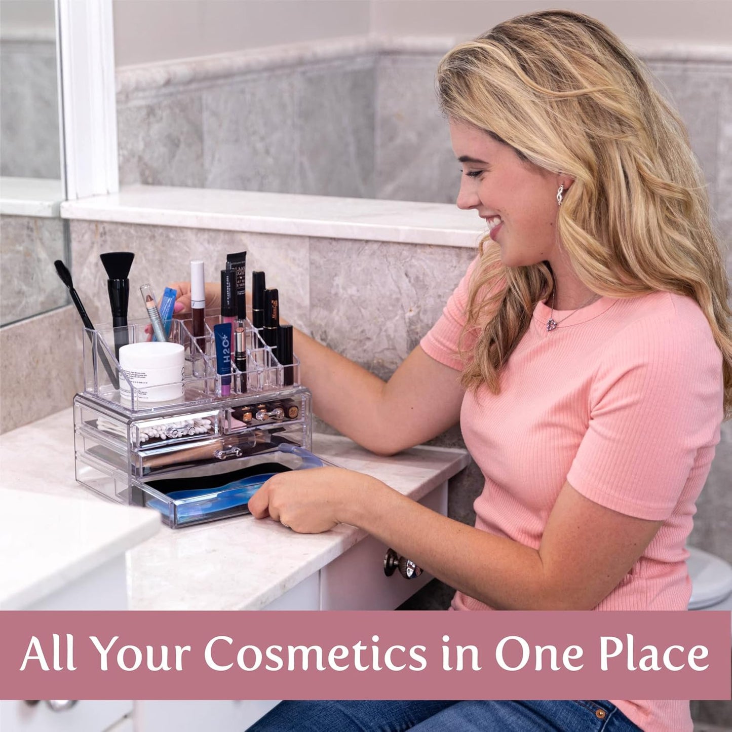 Clear Makeup Organizer with Mirror – 16-Compartment Cosmetic & Jewelry Holder with 4-Drawer Vanity