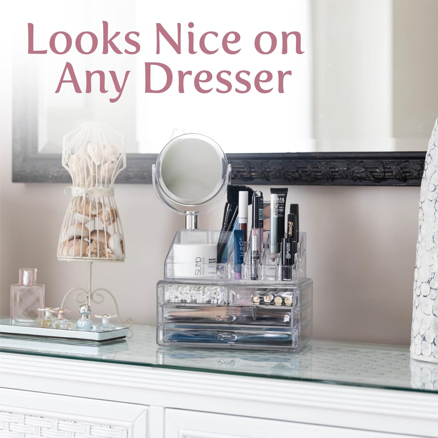 Clear Makeup Organizer with Mirror – 16-Compartment Cosmetic & Jewelry Holder with 4-Drawer Vanity