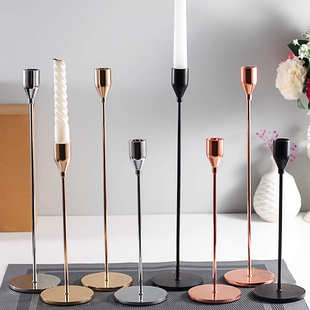 Set of 3 Matte Black Metal Candle Holders – Taper Candlestick Holders for 3/4” Candles & LED
