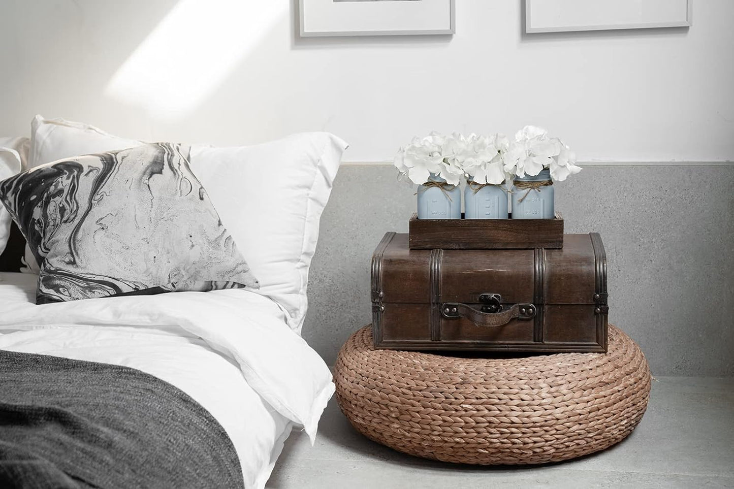 Rustic Farmhouse Wood Tray with 3 Painted Jars & Artificial Flowers – Fall Centerpiece for Coffee Table, Dining Room, Kitchen Decor