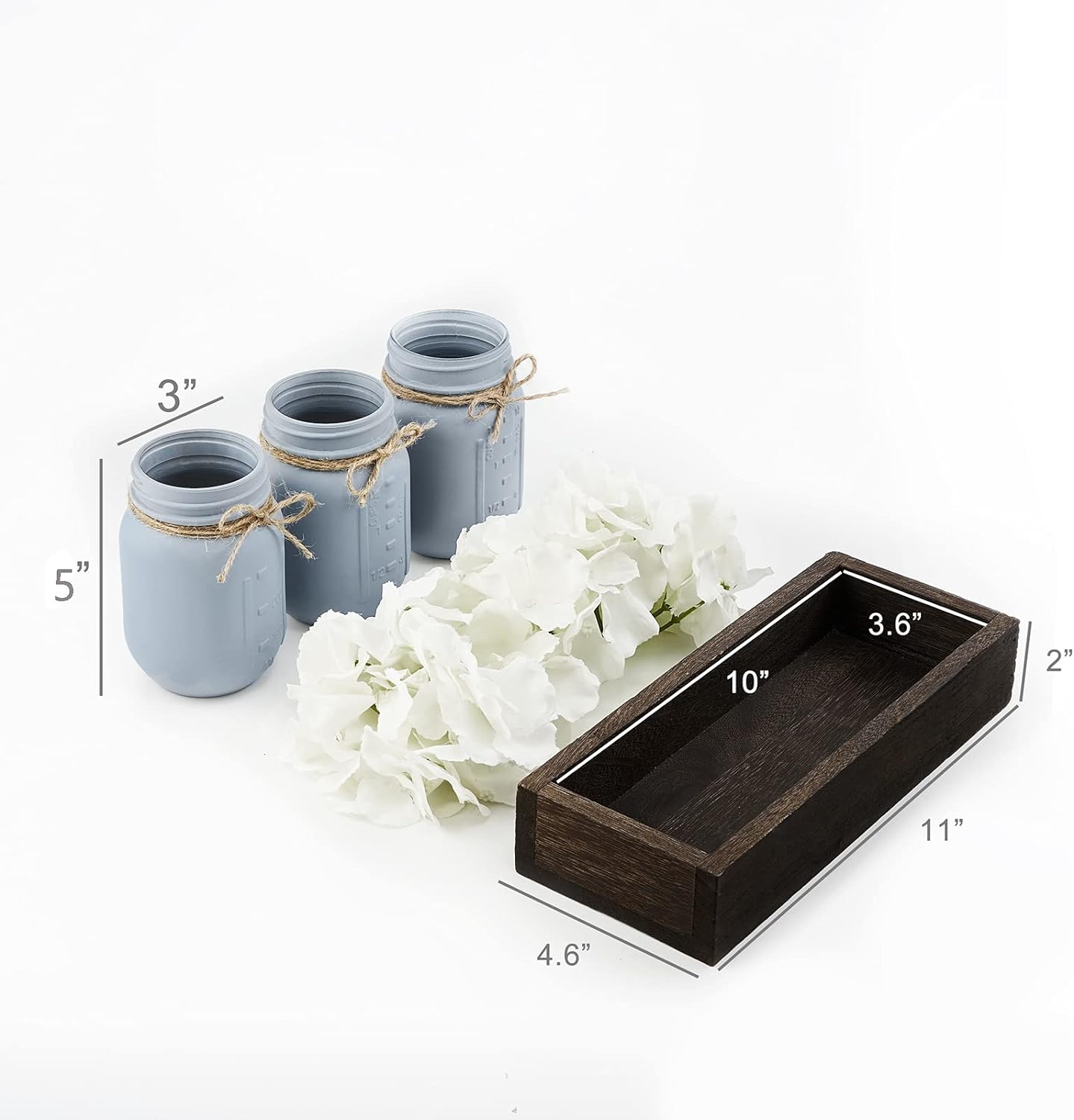 Rustic Farmhouse Wood Tray with 3 Painted Jars & Artificial Flowers – Fall Centerpiece for Coffee Table, Dining Room, Kitchen Decor