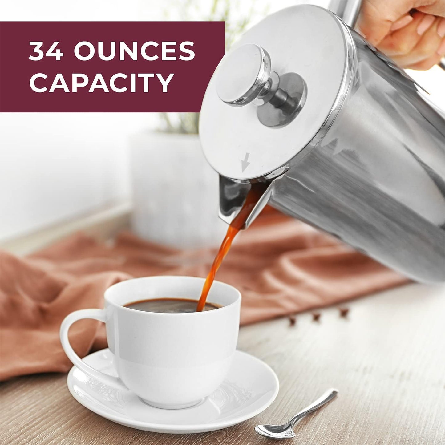 34oz Stainless Steel French Press Coffee Maker – Heat Resistant, Double Insulated, Dishwasher Safe