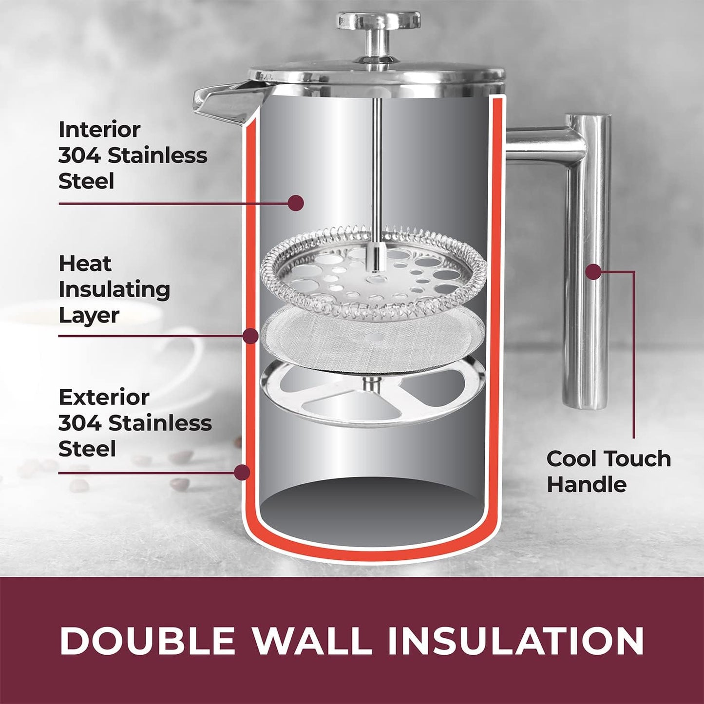 34oz Stainless Steel French Press Coffee Maker – Heat Resistant, Double Insulated, Dishwasher Safe