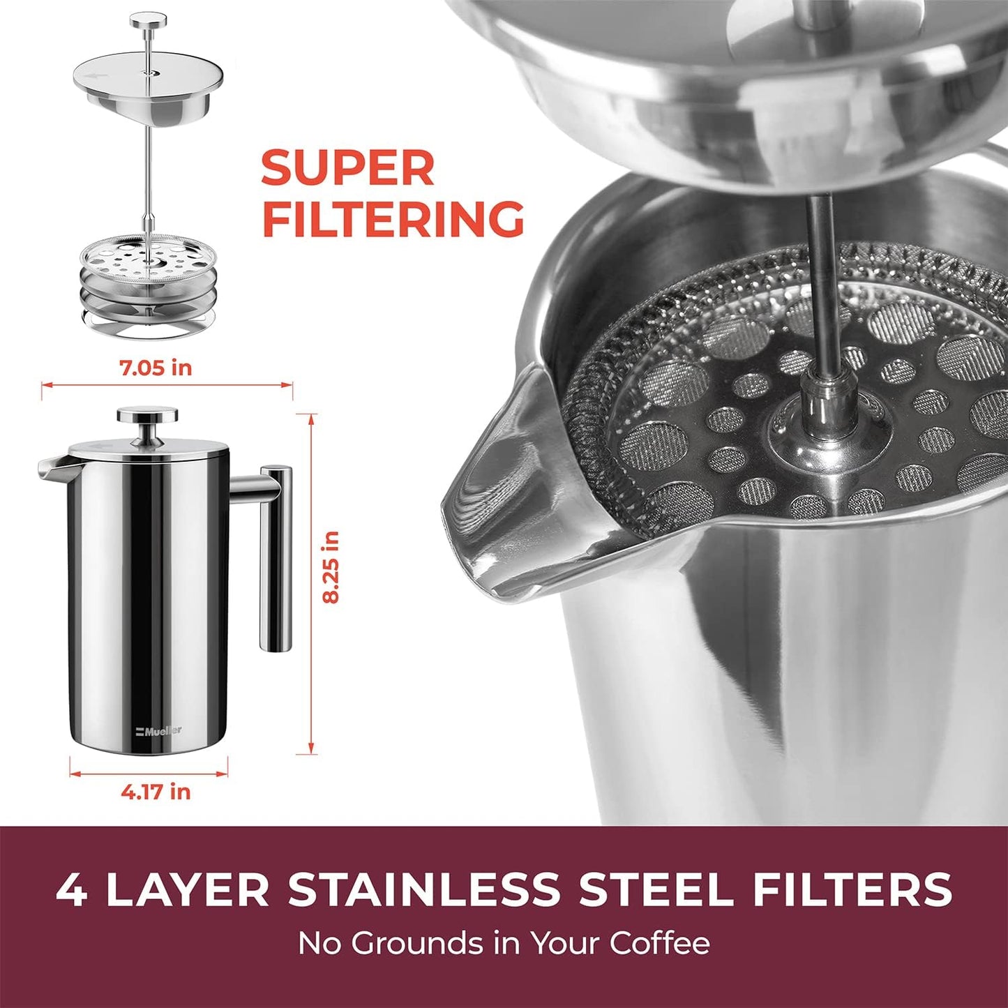 34oz Stainless Steel French Press Coffee Maker – Heat Resistant, Double Insulated, Dishwasher Safe