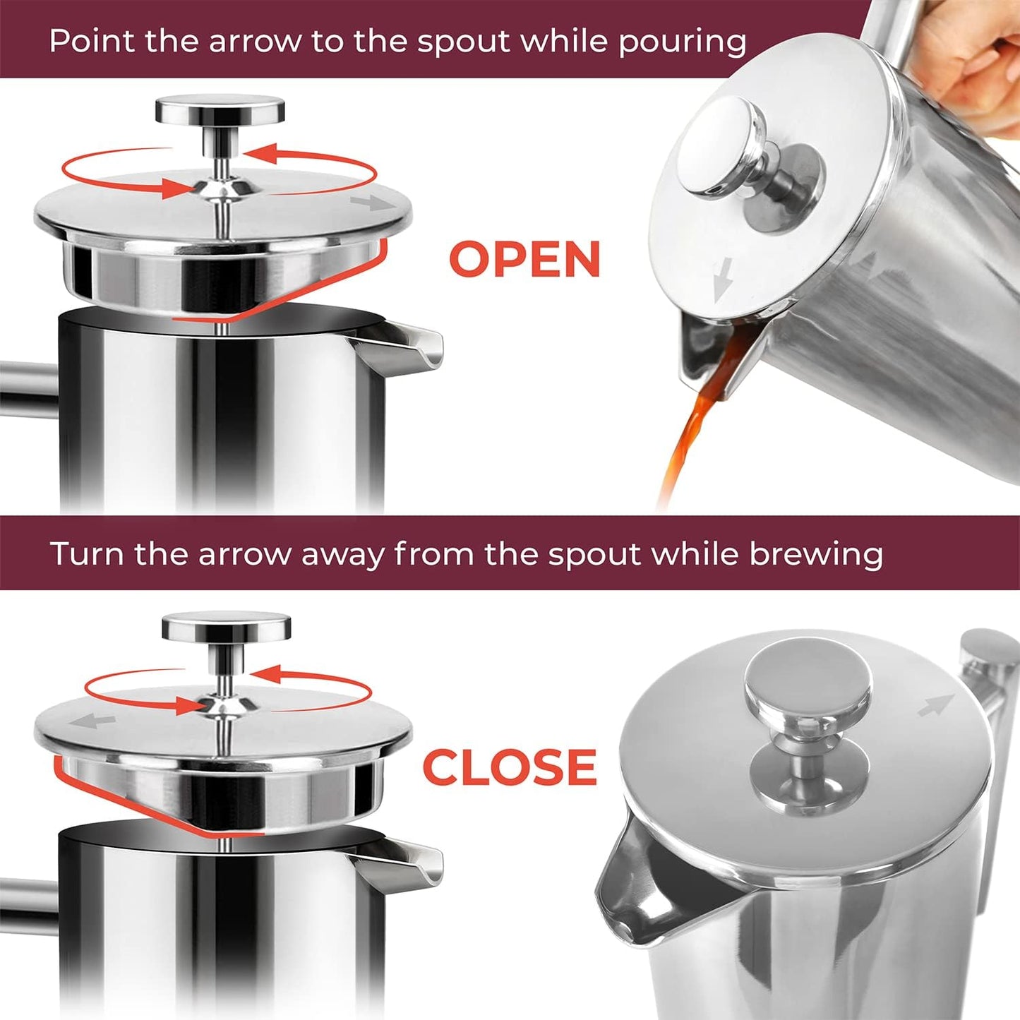 34oz Stainless Steel French Press Coffee Maker – Heat Resistant, Double Insulated, Dishwasher Safe