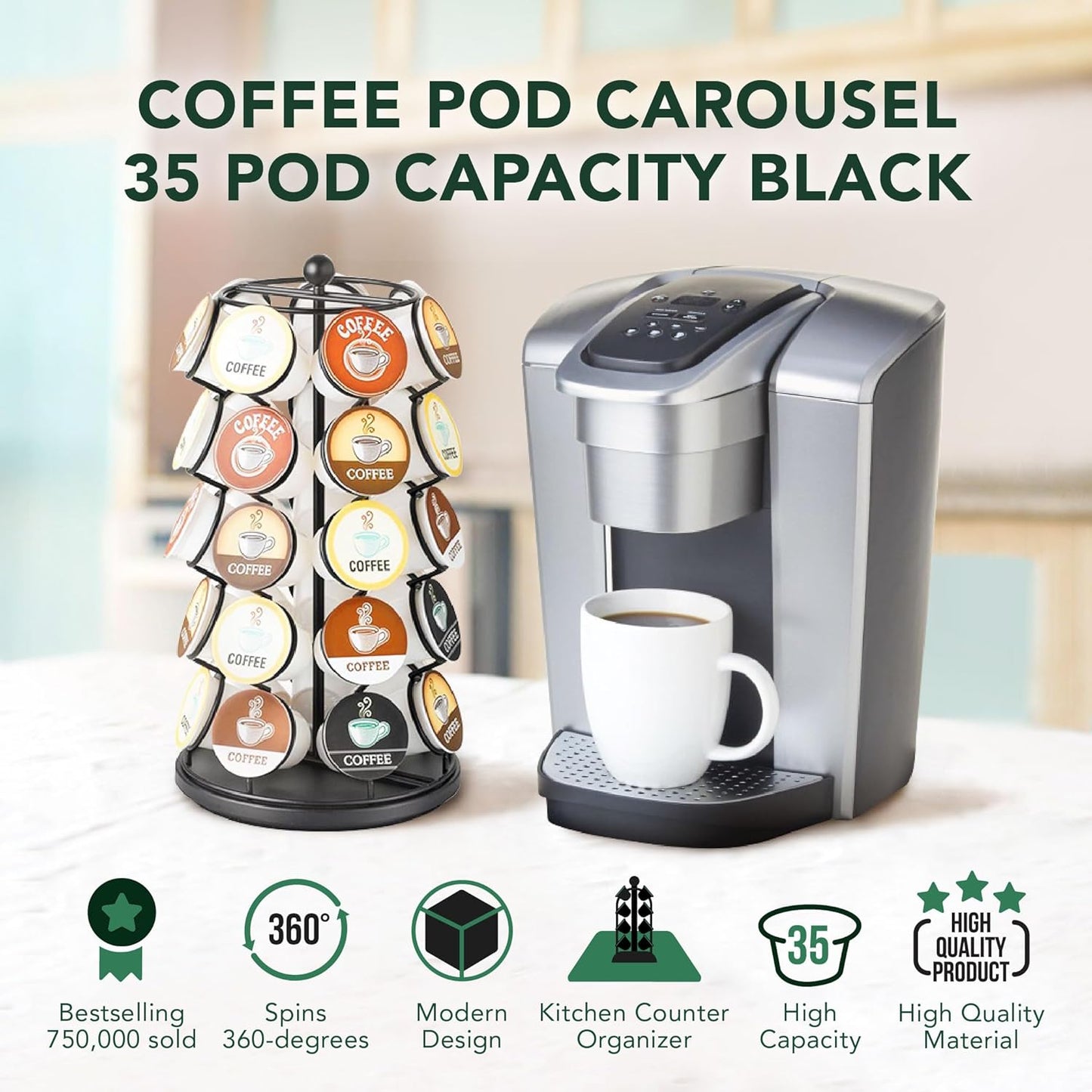 Nifty 35 K-Cup Holder Carousel - 360° Spinning Coffee Pod Organizer, Black