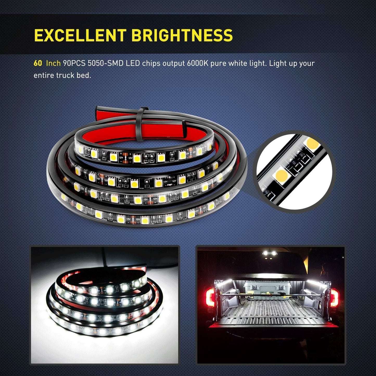 2PCS 60" LED Bed Strip Light Kit – 180 LEDs with Waterproof On/Off Switch, Blade Fuse, 2-Way Splitter & Extension Cable for Cargo