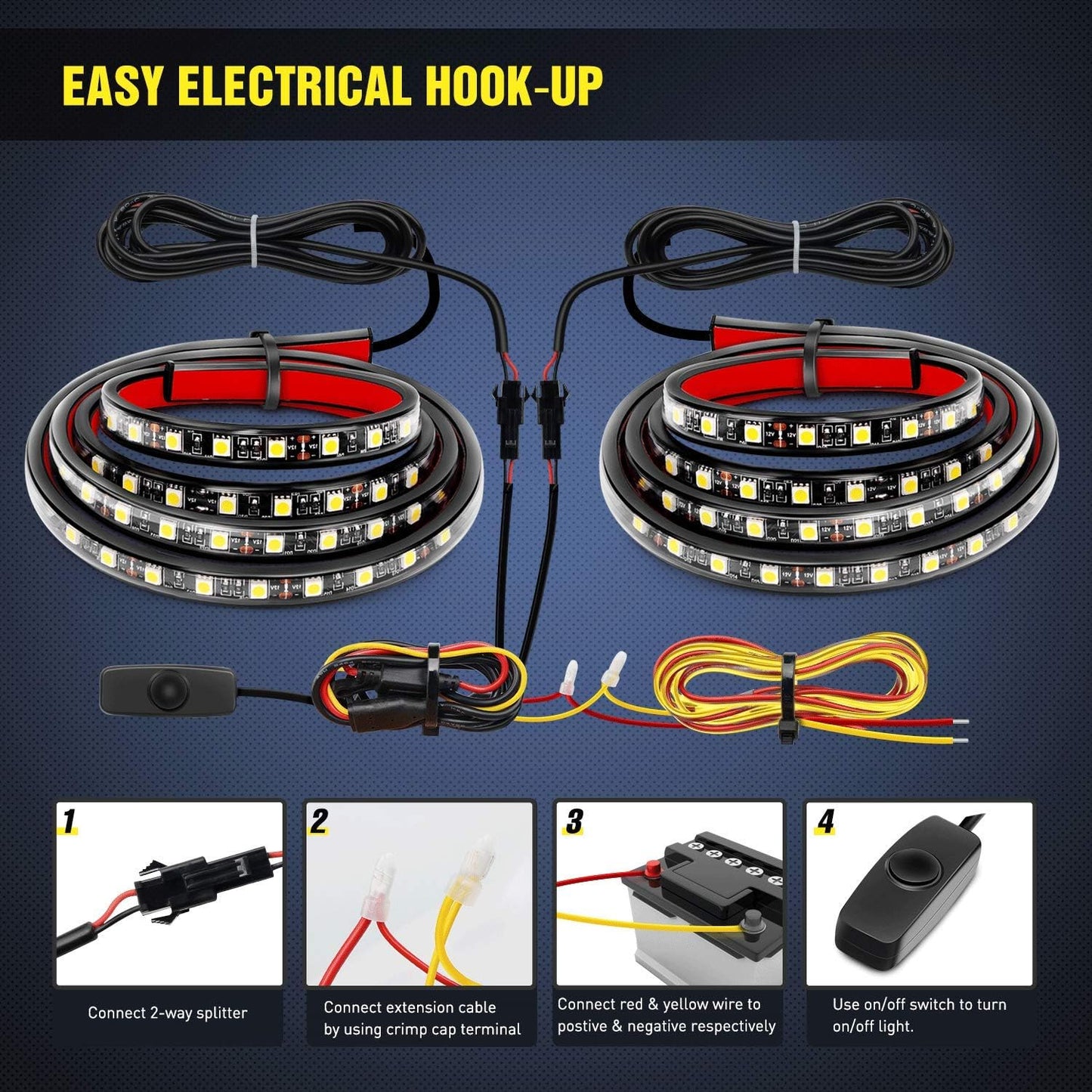 2PCS 60" LED Bed Strip Light Kit – 180 LEDs with Waterproof On/Off Switch, Blade Fuse, 2-Way Splitter & Extension Cable for Cargo
