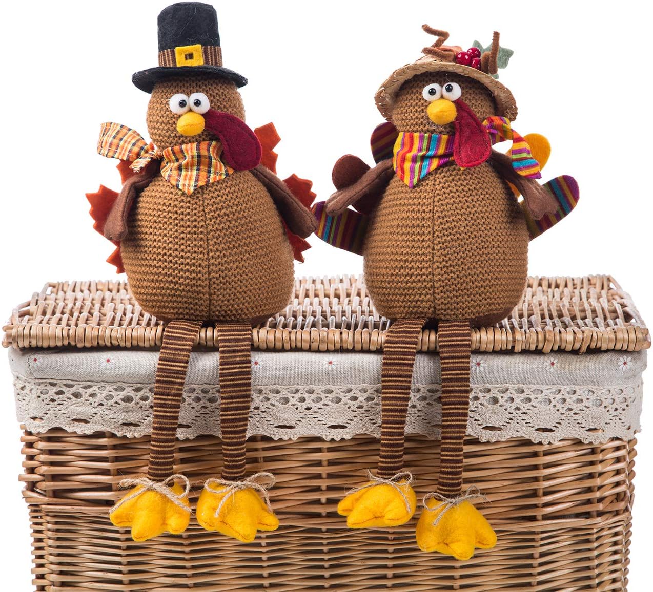 2-Pack Handmade Stuffed Turkey Dolls – Thanksgiving Tabletop Decorations for Fall Home Decor