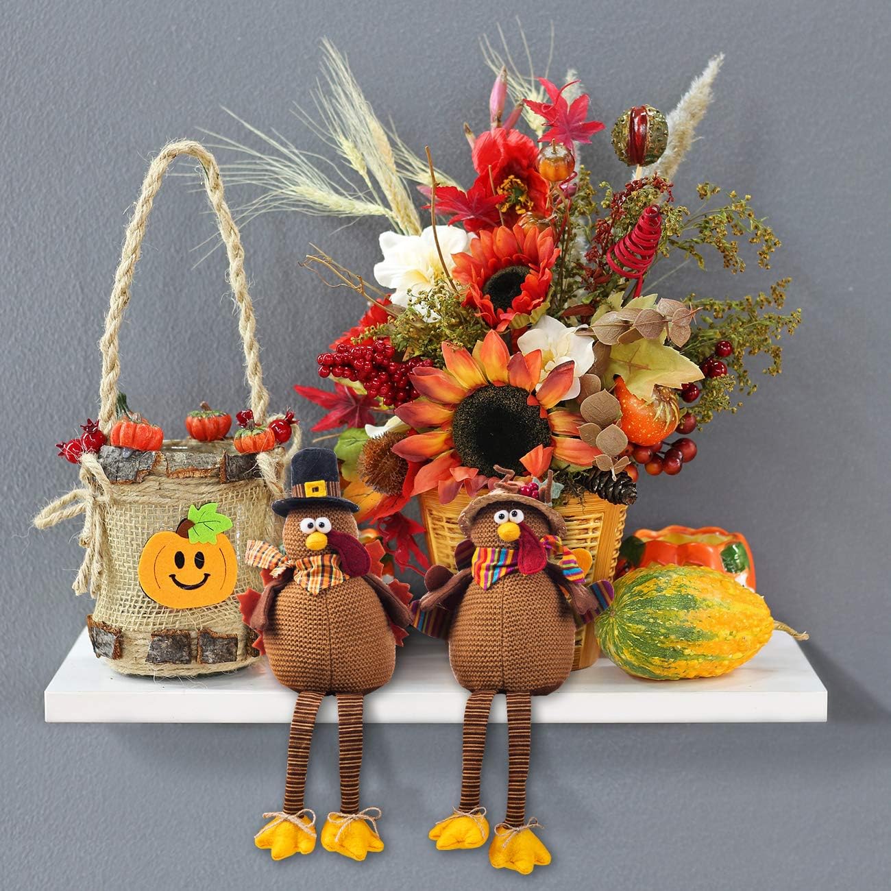 2-Pack Handmade Stuffed Turkey Dolls – Thanksgiving Tabletop Decorations for Fall Home Decor