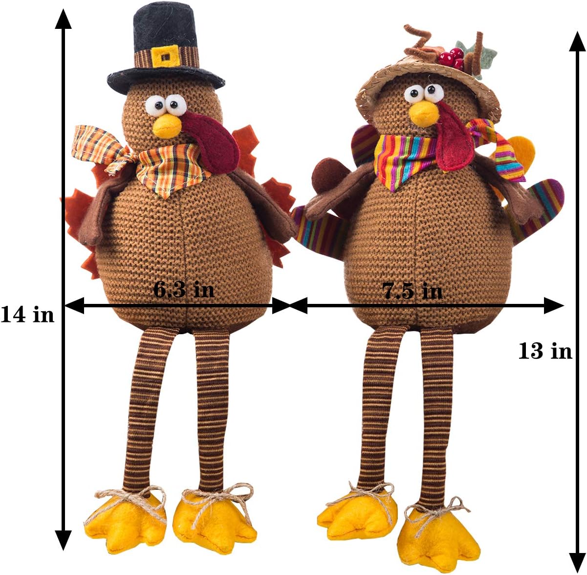 2-Pack Handmade Stuffed Turkey Dolls – Thanksgiving Tabletop Decorations for Fall Home Decor