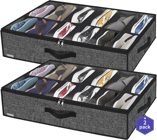 Under Bed Shoe Storage Organizer, Set of 2, Fits 12-24 Pairs, Clear Window, Black