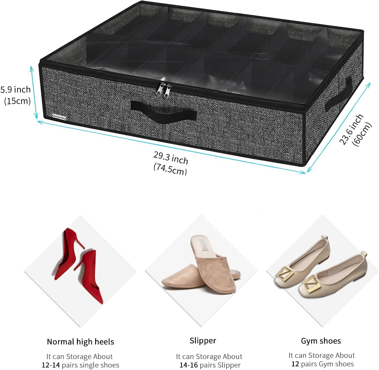 Under Bed Shoe Storage Organizer, Set of 2, Fits 12-24 Pairs, Clear Window, Black