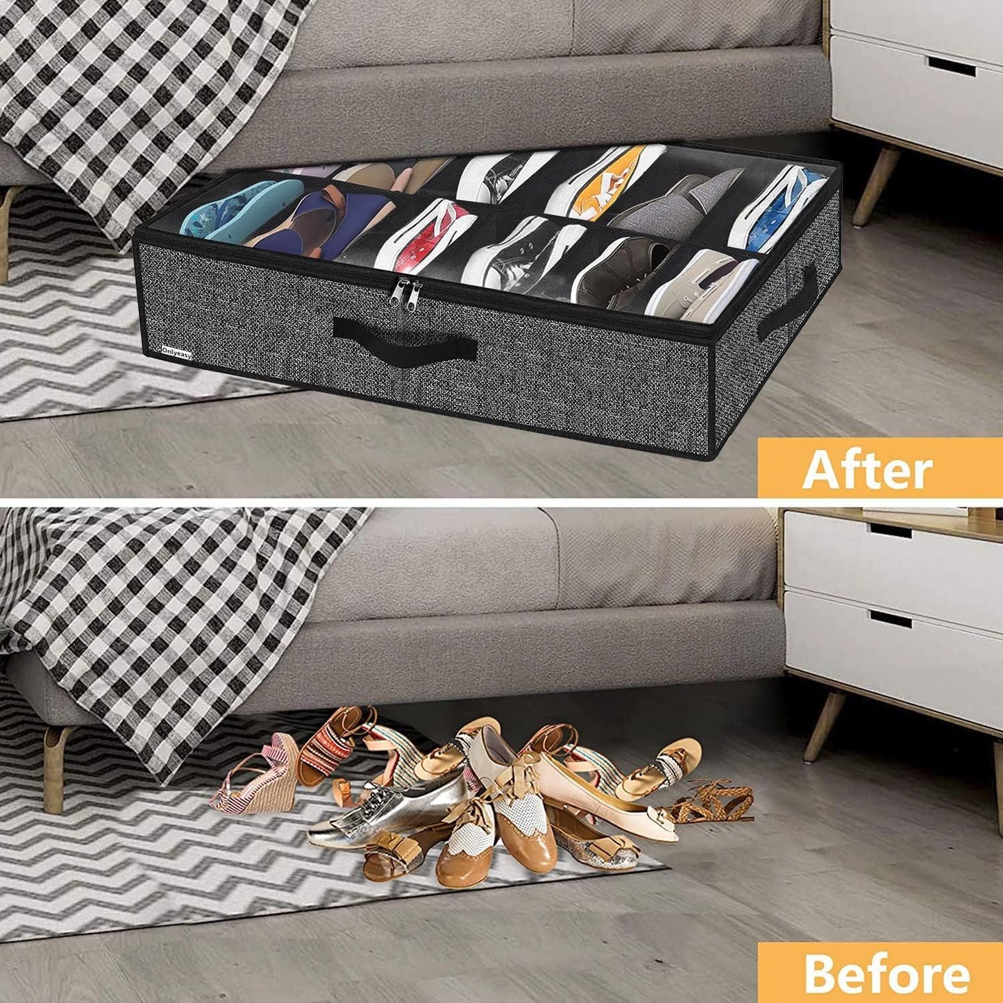 Under Bed Shoe Storage Organizer, Set of 2, Fits 12-24 Pairs, Clear Window, Black