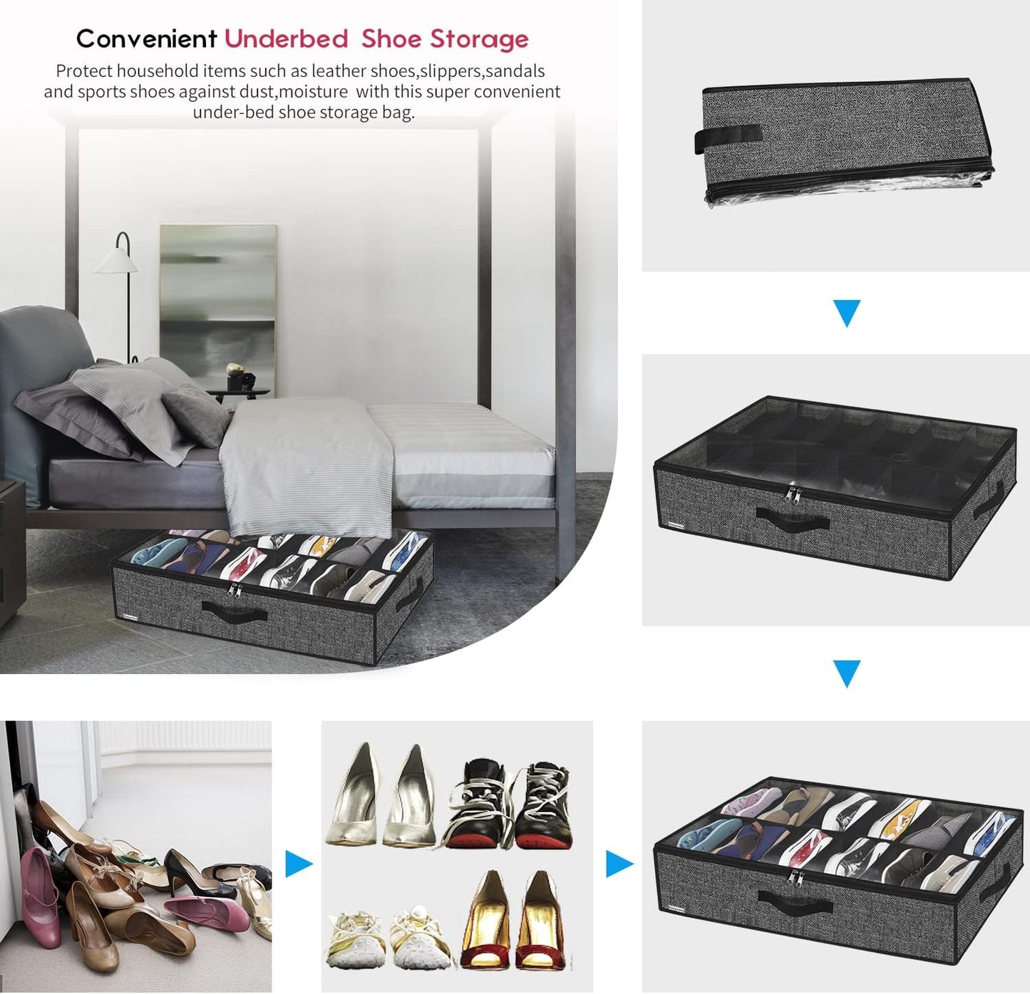 Under Bed Shoe Storage Organizer, Set of 2, Fits 12-24 Pairs, Clear Window, Black