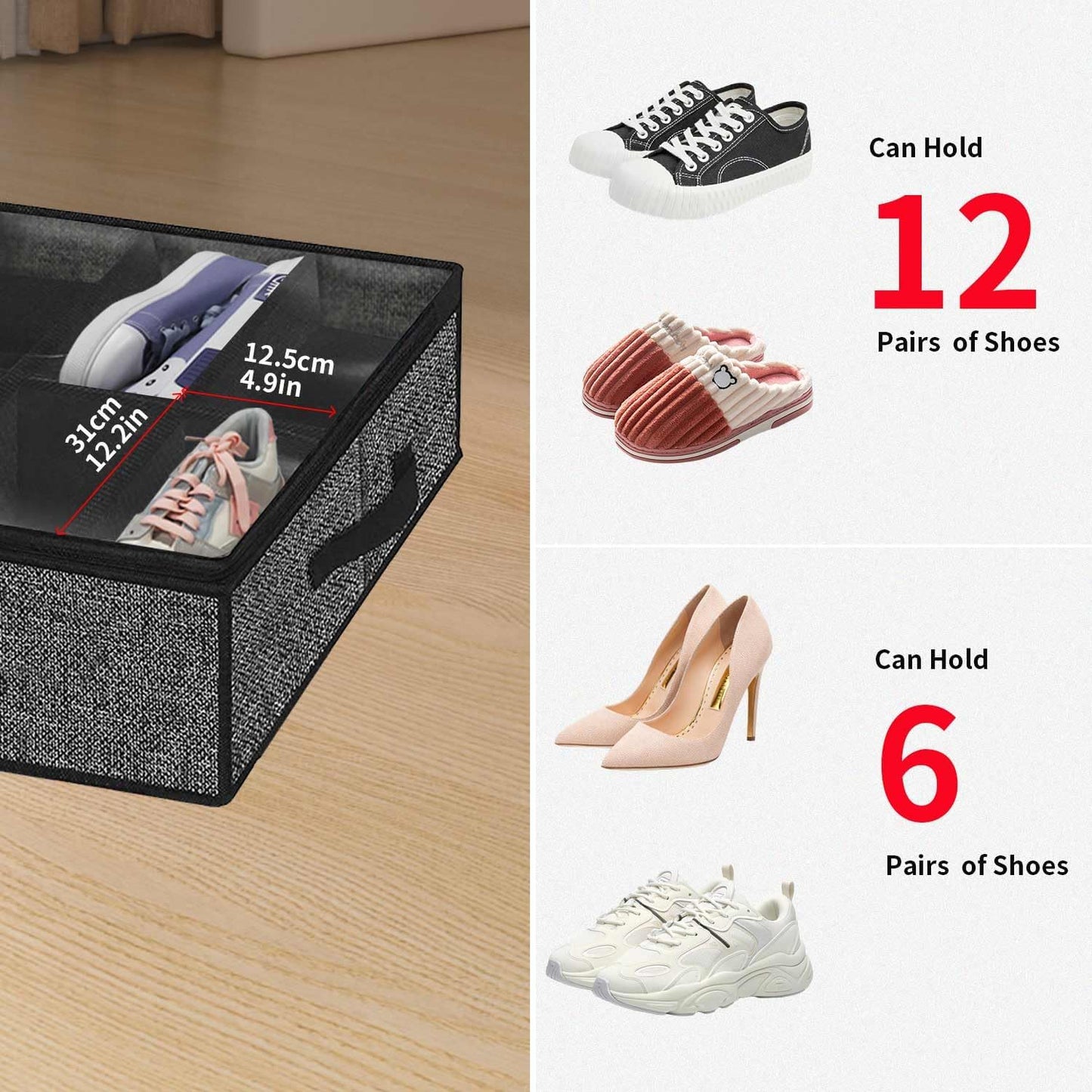 Under Bed Shoe Storage Organizer, Set of 2, Fits 12-24 Pairs, Clear Window, Black